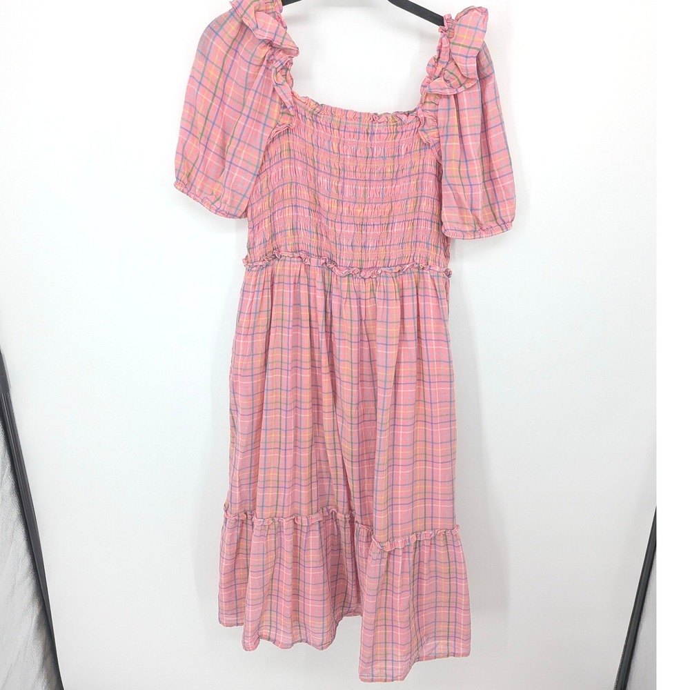 Vineyard Vines‎ Dress Kids XL 16 Pink Plaid Smocked Ruffle Midi Picnic Summer